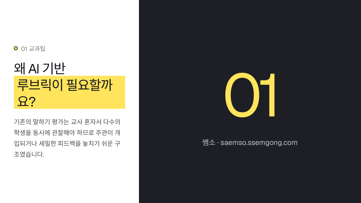 왜 AI 기반 루브릭이 필요할까요? — AI 챗봇 활용 중등 영어 회화 수행평가 루브릭 개발 설명 이미지