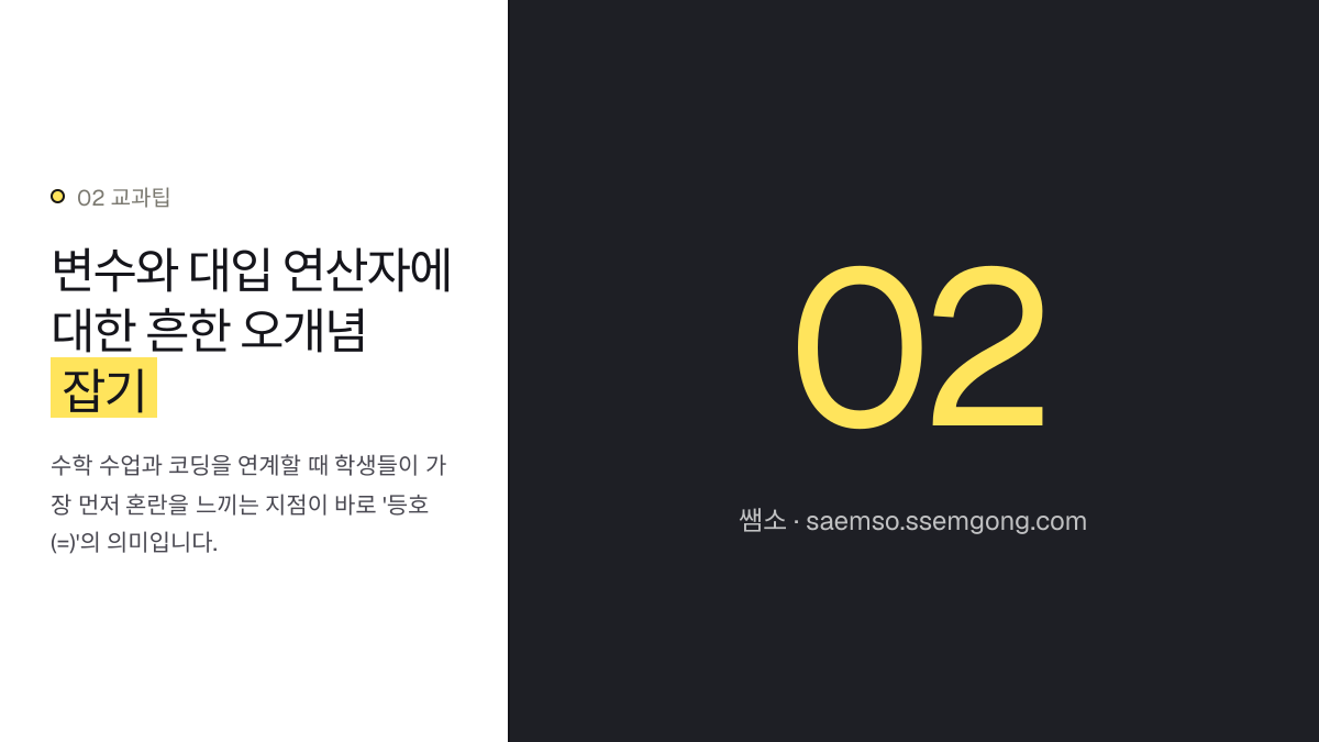 변수와 대입 연산자에 대한 흔한 오개념 잡기 — 중고등 수학 알고리즘 코딩 연계 수업법 제안 설명 이미지