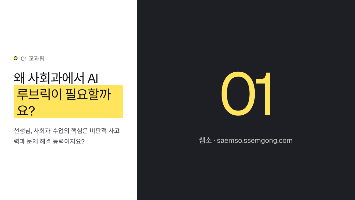 왜 사회과에서 AI 루브릭이 필요할까요? — AI 활용 학생 주도 사회 프로젝트 수행평가 루브릭 설명 이미지
